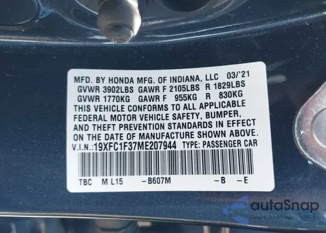 2021 Honda Civic Ex from USA, damaged, VIN 19XFC1F37ME207944